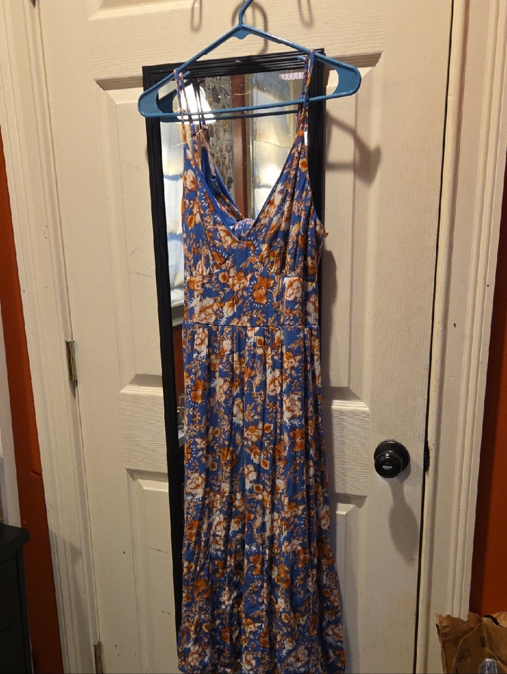 Blue Floral V-Neck Maxi Dress with Spaghetti Straps